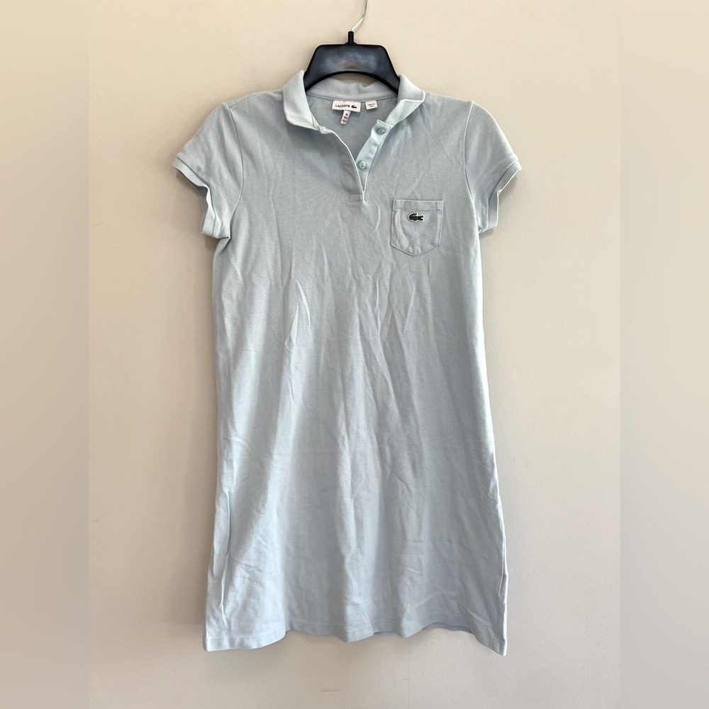 Lacoste Girls Pique Polo Short Sleeved Dress in Light Blue, size 16